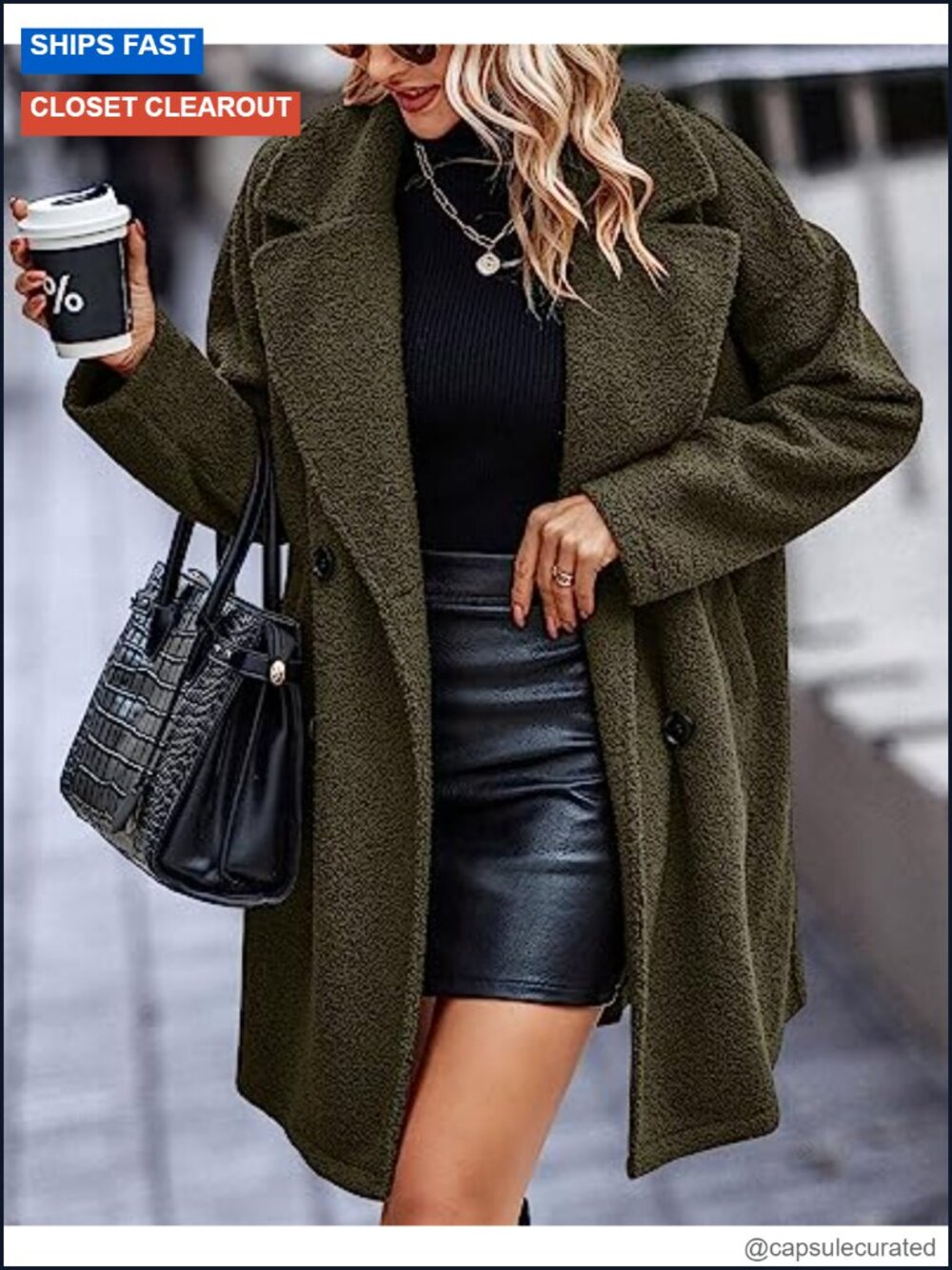 Women's Faux Fur Coat Sherpa Jacket Double-Breasted Notched Lapel Long Sleeve - Picture 2 of 6